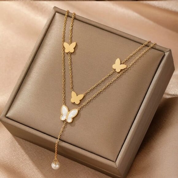 Boutique Jewelry - 18K Gold Plated Pearl & Butterfly Layered Necklace